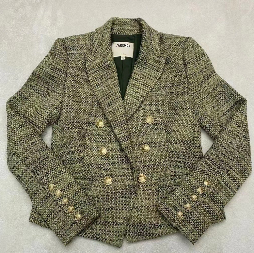 L'agence Brooke Double-Breasted Crop Blazer In Olive Multi